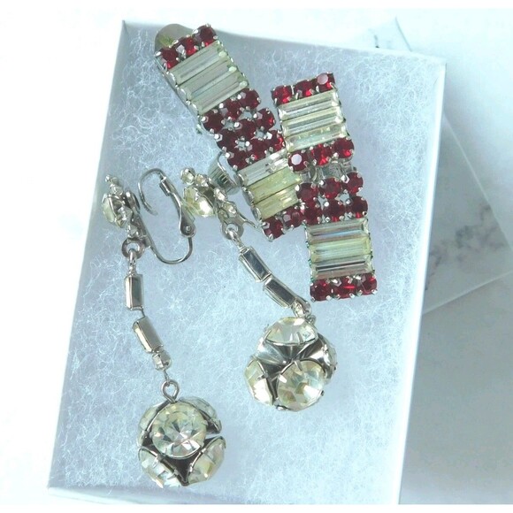 Vintage Clear & Red Rhinestone Clip-On Earrings, Lot of 2 Austria (Red) Dressy - Picture 1 of 16